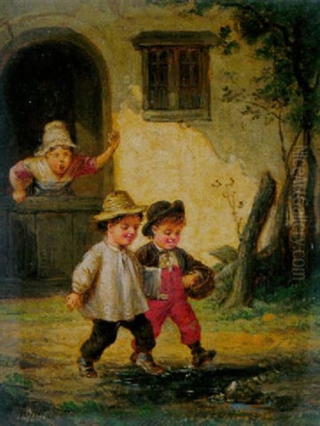 Lausbuben Auf Dem Schulweg Oil Painting by Francois-Louis Lanfant