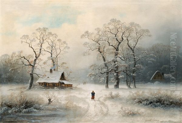 Farmyards In A Winterly Forest Oil Painting by Johann Gustav Lange