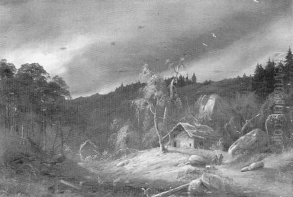 Two Hunters Returning To A Mountain Cottage Oil Painting by Johann Gustav Lange