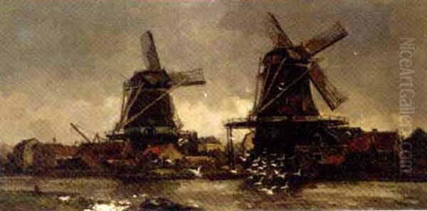Windmills By A Riverside Oil Painting by Frans Langeveld
