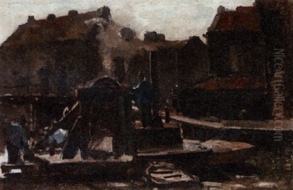Men Working A Dredging Machine Oil Painting by Frans Langeveld