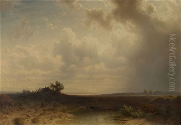 Moorlandschaft Mit Heimkehrenden Bei Aufziehendem Gewitter Oil Painting by Dietrich Langko