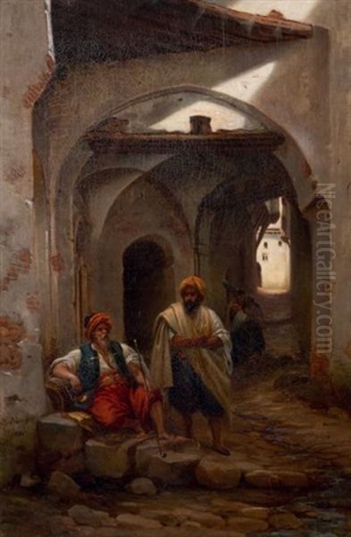 Fumeur Et Promeneurs Dans Une Rue D'alger Smoker And Walkers In A Street In Algier Oil Painting by Jean-Charles (Col.) Langlois