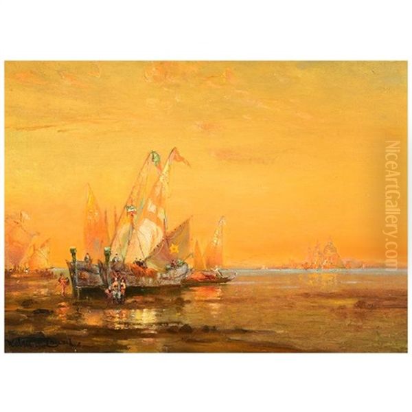 Waiting For The Tide, Venice Oil Painting by Walter Franklin Lansil