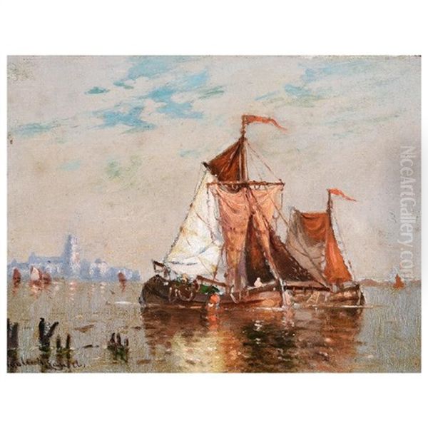 Dutch Riverboat Oil Painting by Walter Franklin Lansil