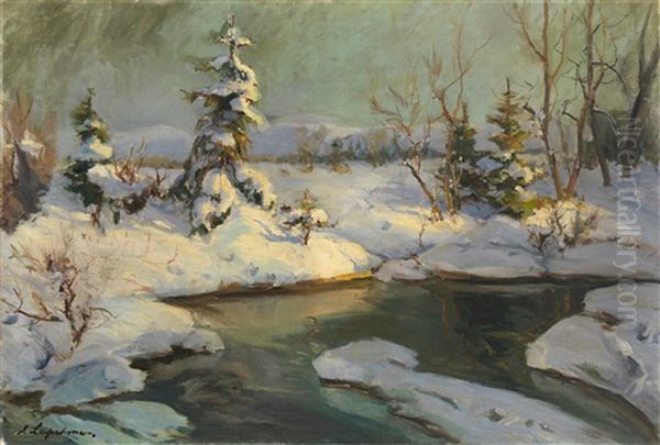 Winter Landscape Oil Painting by Georgi Alexandrovich Lapchine