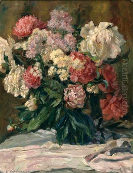 Still Life With Peonies Oil Painting by Georgi Alexandrovich Lapchine