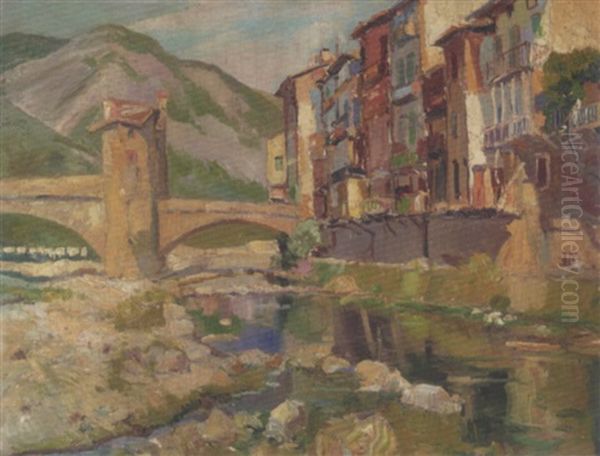Provincial Riverside View Oil Painting by Georgi Alexandrovich Lapchine