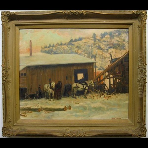 Farmer & Horses At Sawmill Oil Painting by Andreas Christian Gottfried Lapine