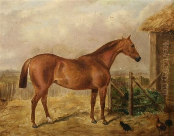 Horse In A Landscape With Chickens Oil Painting by George Henry Laporte