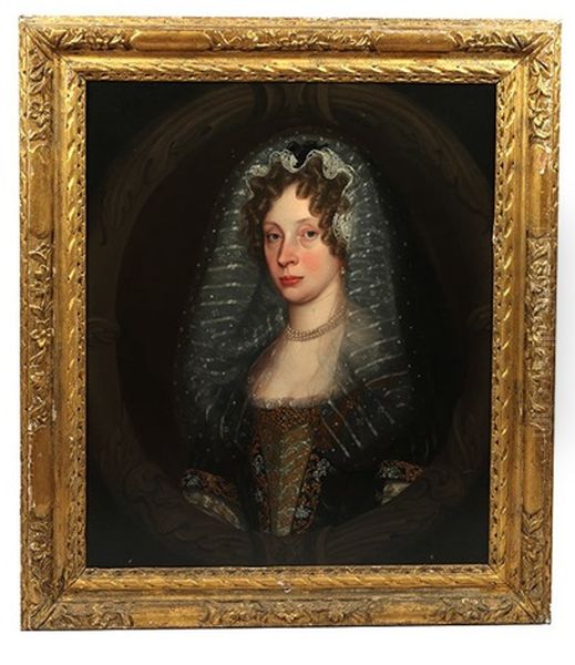 Bust Length Portrait Of A Lady With Curly Hair Wearing A Lace Veil Tied By A Ribbon Bow, Pearl Necklace And Earring, Floral Embroidered Deep Blue Dress In Feigned Oval Oil Painting by Nicolas de Largilliere