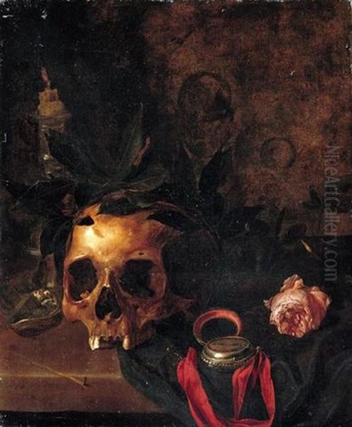 A Vanitas Still Life With A Skull, Rose And Pocket-watch, All Laid Out On A Draped Table Oil Painting by Nicolas de Largilliere