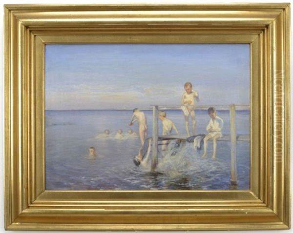 Badende Drenge Oil Painting by Knud Erik Larsen
