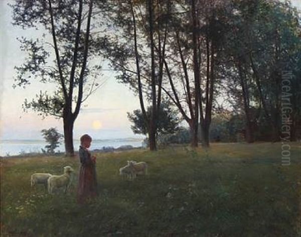 Sunset In A Forest Glade With A Young Girl And Sheep Oil Painting by Knud Erik Larsen