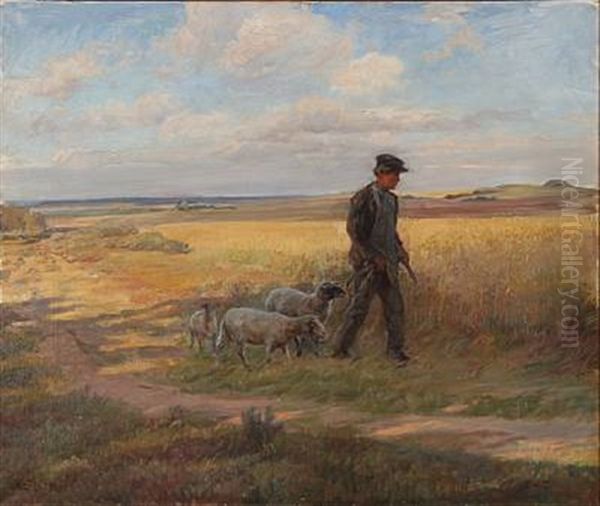 Heath Landscape With A Shepherd Oil Painting by Knud Larsen