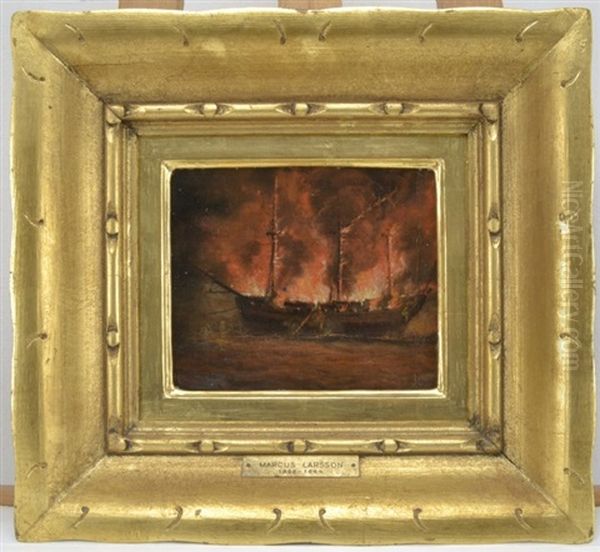 Brinnande Segelfartyg Oil Painting by Marcus Larsson