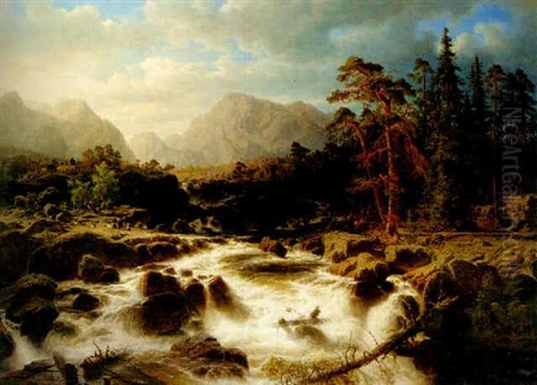 Berglandskap Med Rastande Sallskap Vid Fors Oil Painting by Marcus Larsson