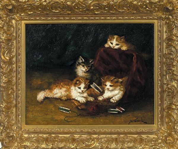 Four Kittens At Play With A Spool Of Wool Oil Painting by Marie Yvonne Laur