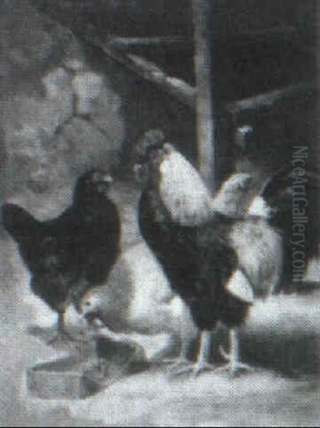 Rooster And Hens Oil Painting by August Laux