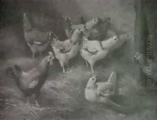 Chickens In A Barn Oil Painting by August Laux