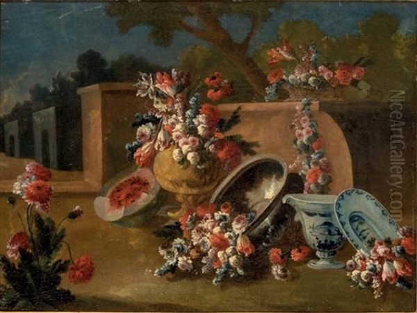 Fleurs, Fruits Et Porcelaine Oil Painting by Giuseppe Lavagna