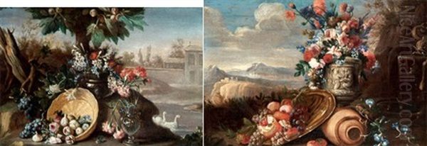 Nature Morte A La Corbeille De Fleurs Et Fruits Sur Fond De Paysage (+ Nature Morte Et Vase De Fleurs Sur Fond De Paysage; Pair) Oil Painting by Giuseppe Lavagna
