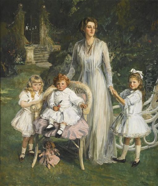 Archibald Benn Duntley Maconochie With His Mother And Sisters Oil Painting by John Lavery