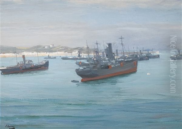 Norwegian Cargo Boats, Saint-jean-de-luz Oil Painting by John Lavery