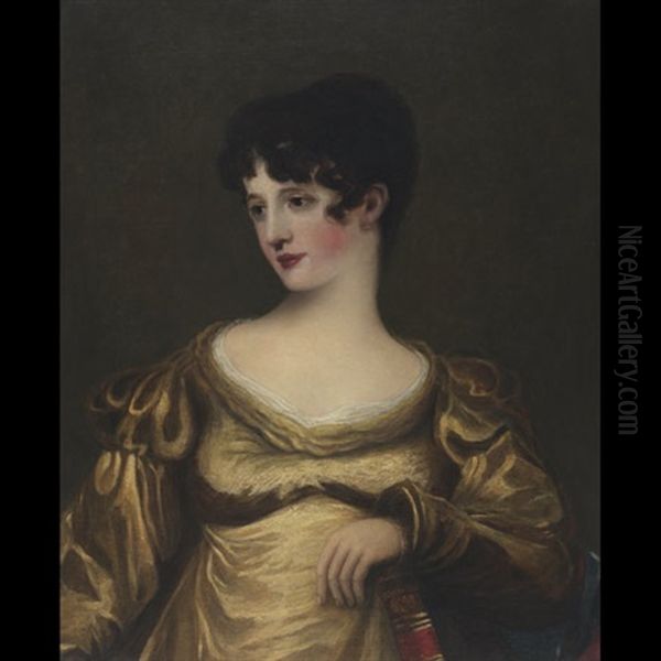 Elegant Lady In A Gold Satin Dress Holding A Book Oil Painting by Thomas Lawrence