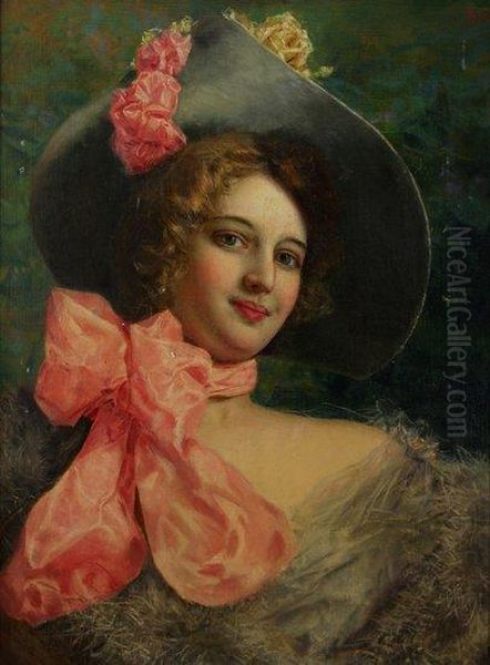 Portrait Of A Young Lady 
 With Pink Scarf And Flower Trimmed Hat Oil Painting by Gaetano Bellei