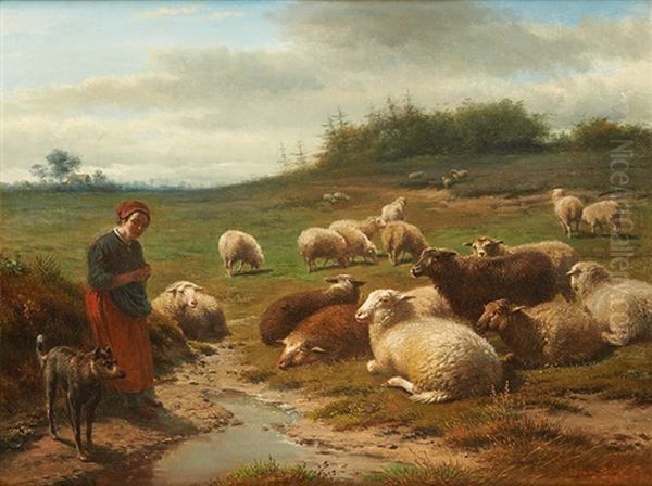 Bergere, Son Chien Et Son Troupeau De Moutons Oil Painting by Frans Lebret