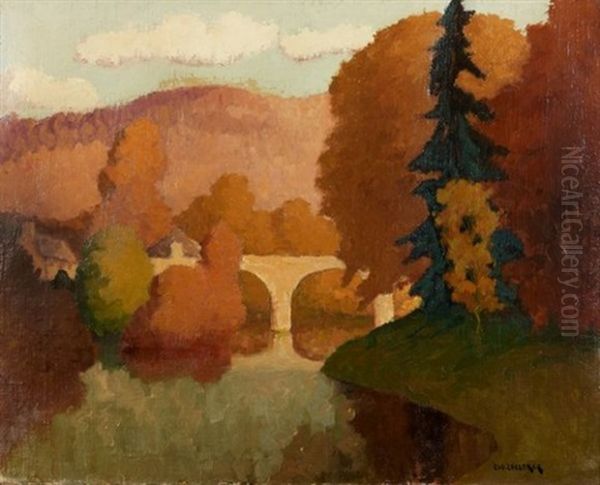 L'automne Au Pont Du Vey, Clecy Oil Painting by Lucien Leclercq