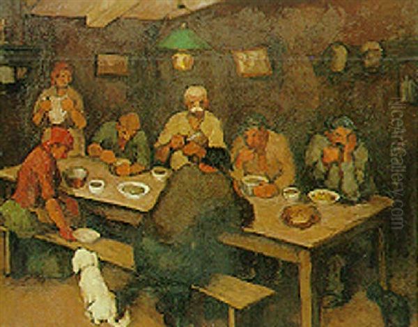 Le Diner A La Ferme Oil Painting by Lucien Leclercq