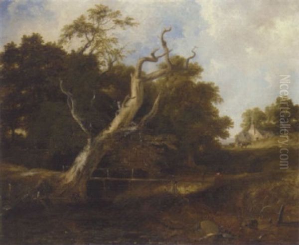 A Figure By A River In A Wooded River Landscape Oil Painting by Frederick Richard Lee
