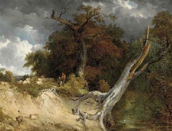 A Shepherd With His Flock On A River Bank Oil Painting by Frederick Richard Lee