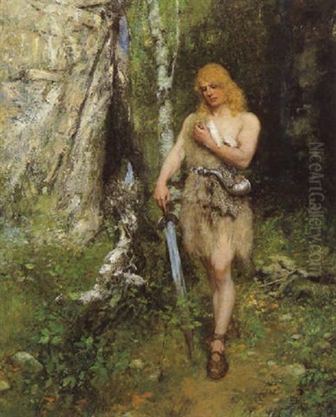 Siegfried Vor Fafners Hohle Mit Dem Schwert Notung Oil Painting by Ferdinand Leeke