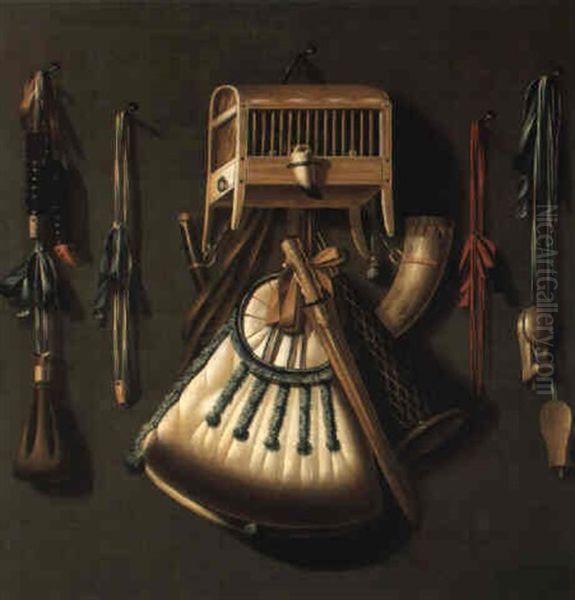 Still Life With Bird Hunting Instruments Oil Painting by Johannes Leemans