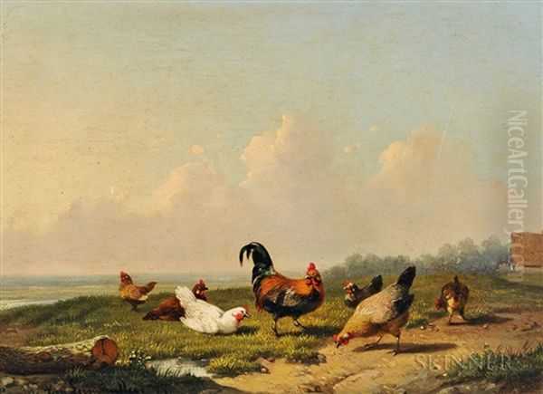 Chickens In A Landscape Oil Painting by Cornelis van Leemputten