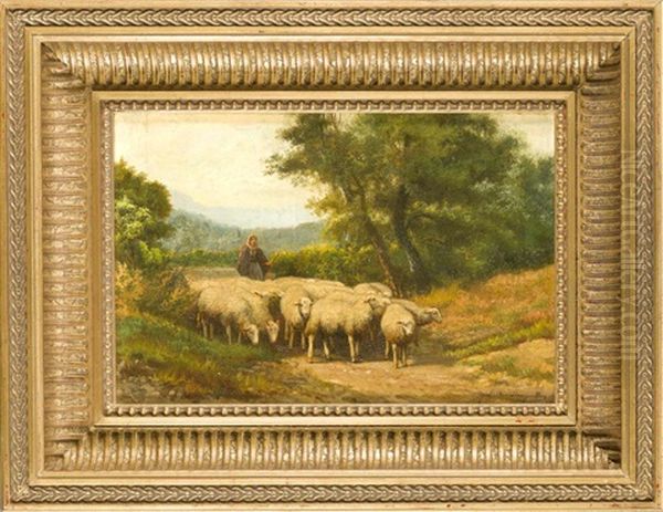 Schafherde Mit Hirtin Oil Painting by Jef Louis Van Leemputten