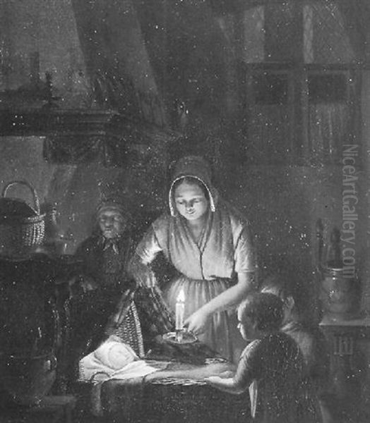 Interieur Met Moeder En Haar Kinderen Bij Kaarslicht Oil Painting by Thomas Van Leent