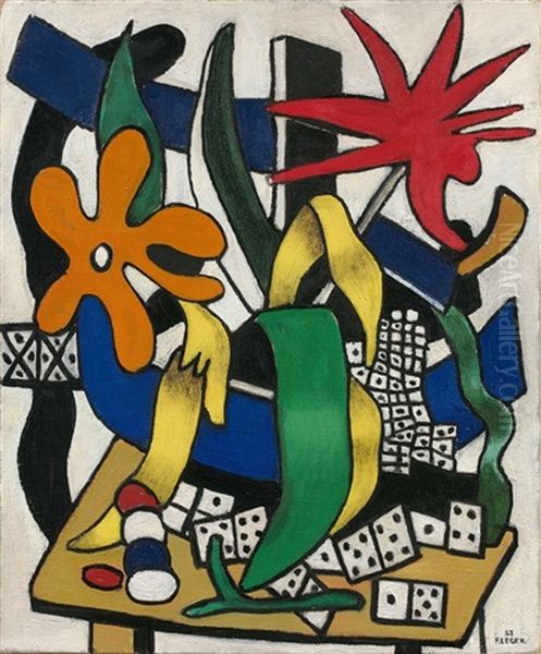 Les Trois Fleurs Et Les Dominos Oil Painting by Fernand Leger
