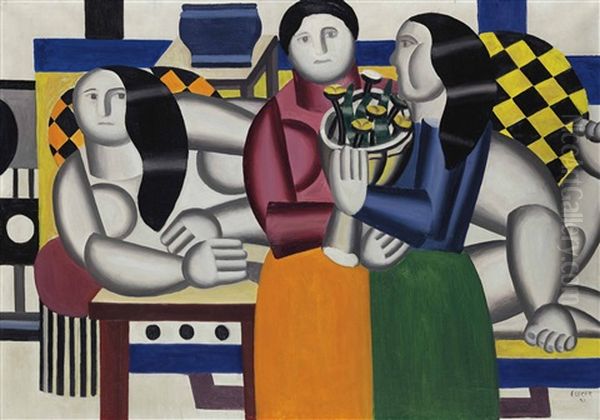 Les Trois Femmes Au Bouquet Oil Painting by Fernand Leger
