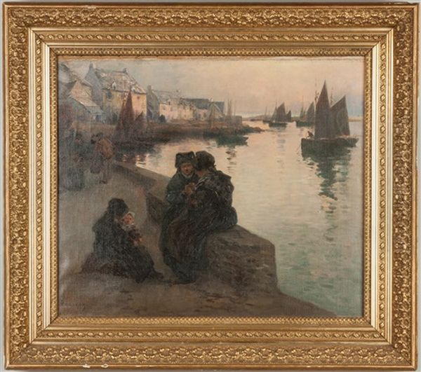 Harbor Scene With Women And Children Oil Painting by Fernand Marie Eugene Legout-Gerard