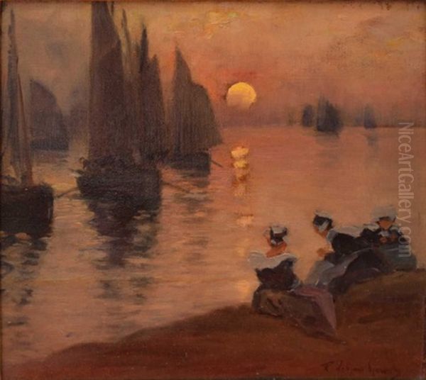 Bretonnes A Quai, Le Retour Des Pecheurs Oil Painting by Fernand Marie Eugene Legout-Gerard