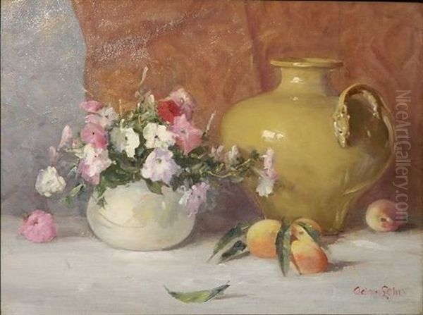 Still-life Of Vase, Flowers And Peaches Oil Painting by Adam Lehr