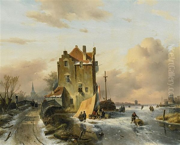 Zugefrorener Hollandischer Kanal Mit Marktzelt Oil Painting by Charles Henri Leickert