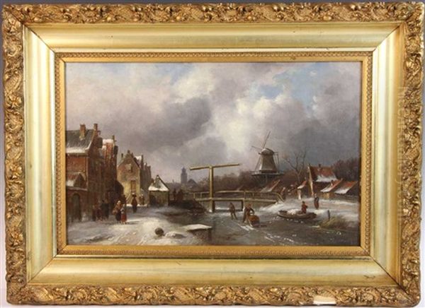 Dutch Winter Oil Painting by Charles Henri Leickert