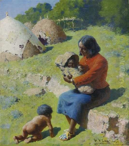 Apache Mother And Children Oil Painting by William Robinson Leigh