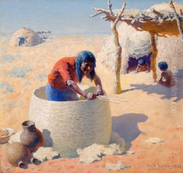 Papago Weaving Grain Basket Oil Painting by William Robinson Leigh