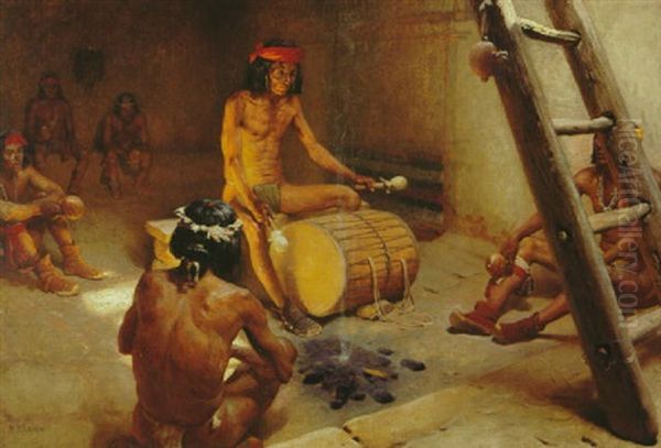 Old Hopi Priest Teaching The Young Priests The Tribunal Chants In The Underground Cave Or Ceremonial Hall Oil Painting by William Robinson Leigh